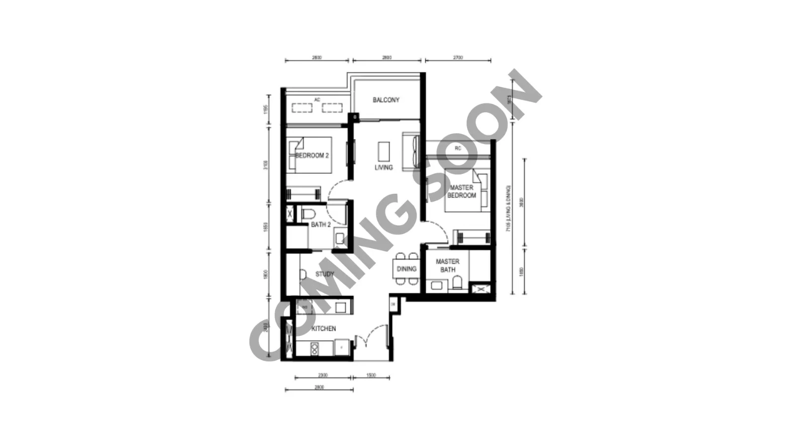 Thomson Reserve 2 Bedroom Premium plus Study indicative floor plan layout